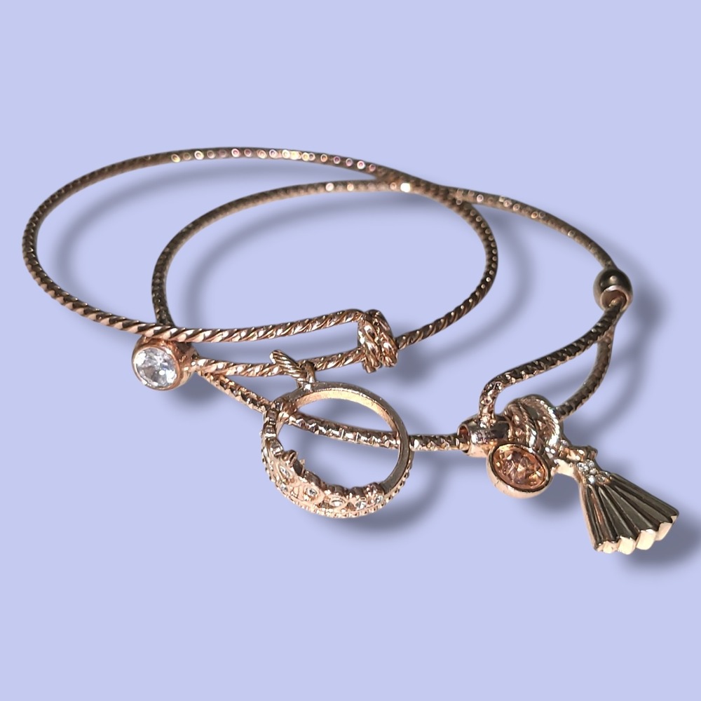 2 Rose Gold Tone Rhinestone Charm Bangle Bracelets Crown & Dress